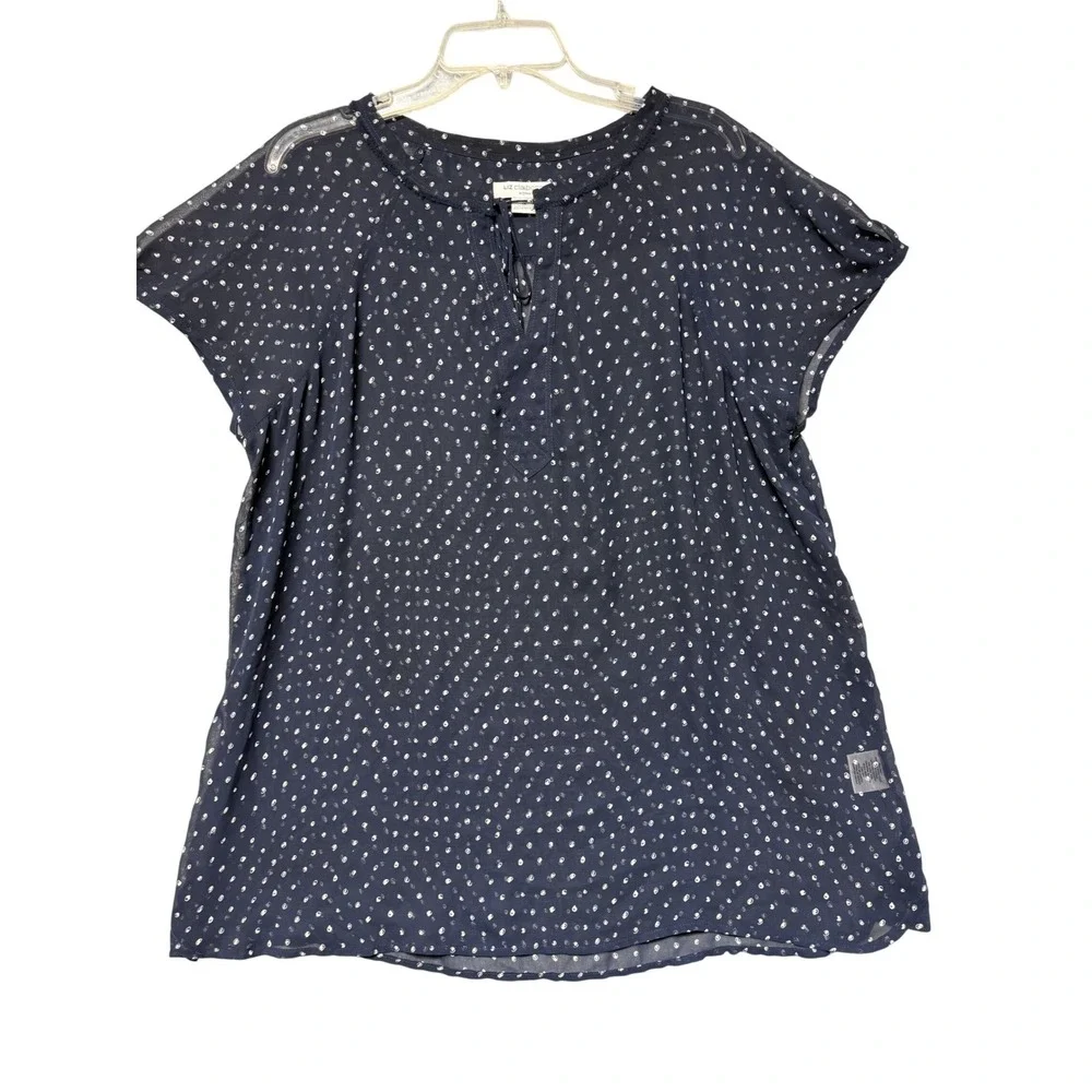 Liz Claiborne Woman Navy Blue Dotted Sheer‎ Short Sleeve Split Neck Blouse 1X
